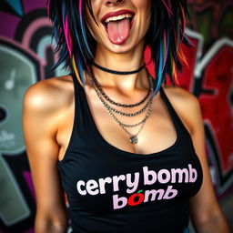 A close-up, torso shot of a gorgeous female with vibrant black hair featuring colorful stripes