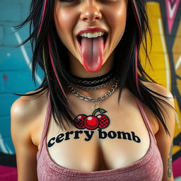 A close-up torso shot of a gorgeous female with black hair highlighted with colorful stripes