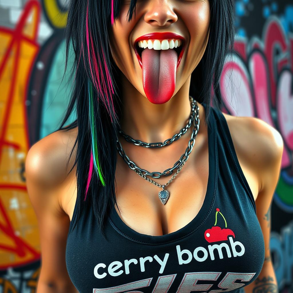 Close-up torso shot of a gorgeous female with black hair featuring color stripes, wearing a tank top with a 'cherry bomb' logo