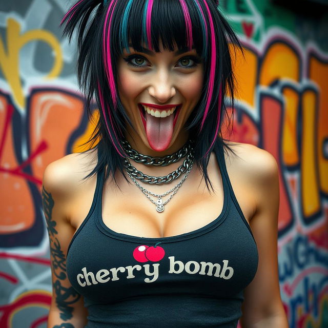 Close-up torso shot of a gorgeous female with black hair featuring color stripes, wearing a tank top with a 'cherry bomb' logo