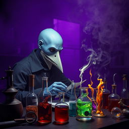 In a darkened laboratory filled with an eerie deep purple haze, a bald pale blue humanoid man is deeply engrossed in his alchemical experiments