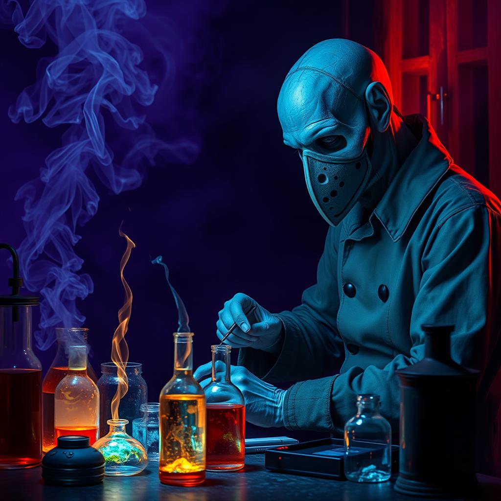 In a darkened laboratory filled with an eerie deep purple haze, a bald pale blue humanoid man is deeply engrossed in his alchemical experiments