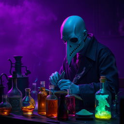 In a darkened laboratory filled with an eerie deep purple haze, a bald pale blue humanoid man is deeply engrossed in his alchemical experiments