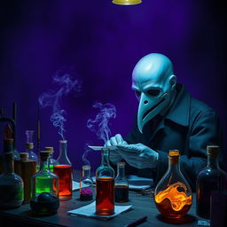 In a darkened laboratory filled with an eerie deep purple haze, a bald pale blue humanoid man is deeply engrossed in his alchemical experiments