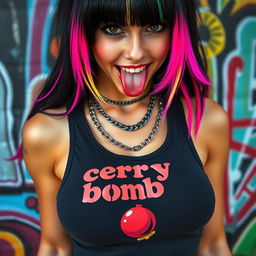 A close-up torso shot of a gorgeous female with black hair, featuring vibrant color stripes