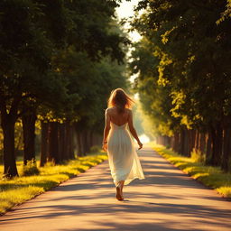 A picturesque road with a woman in a dress walking gracefully along it