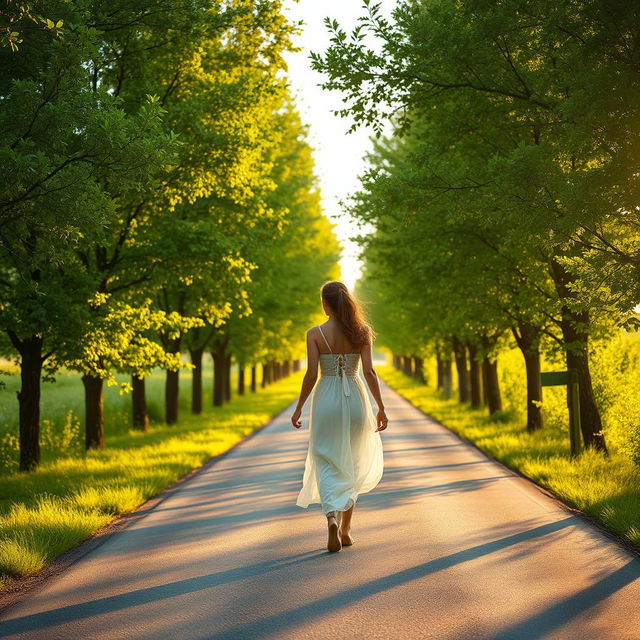 A picturesque road with a woman in a dress walking gracefully along it