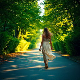 A picturesque road with a woman in a dress walking gracefully along it