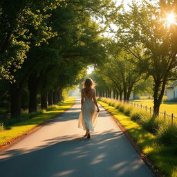 A picturesque road with a woman in a dress walking gracefully along it