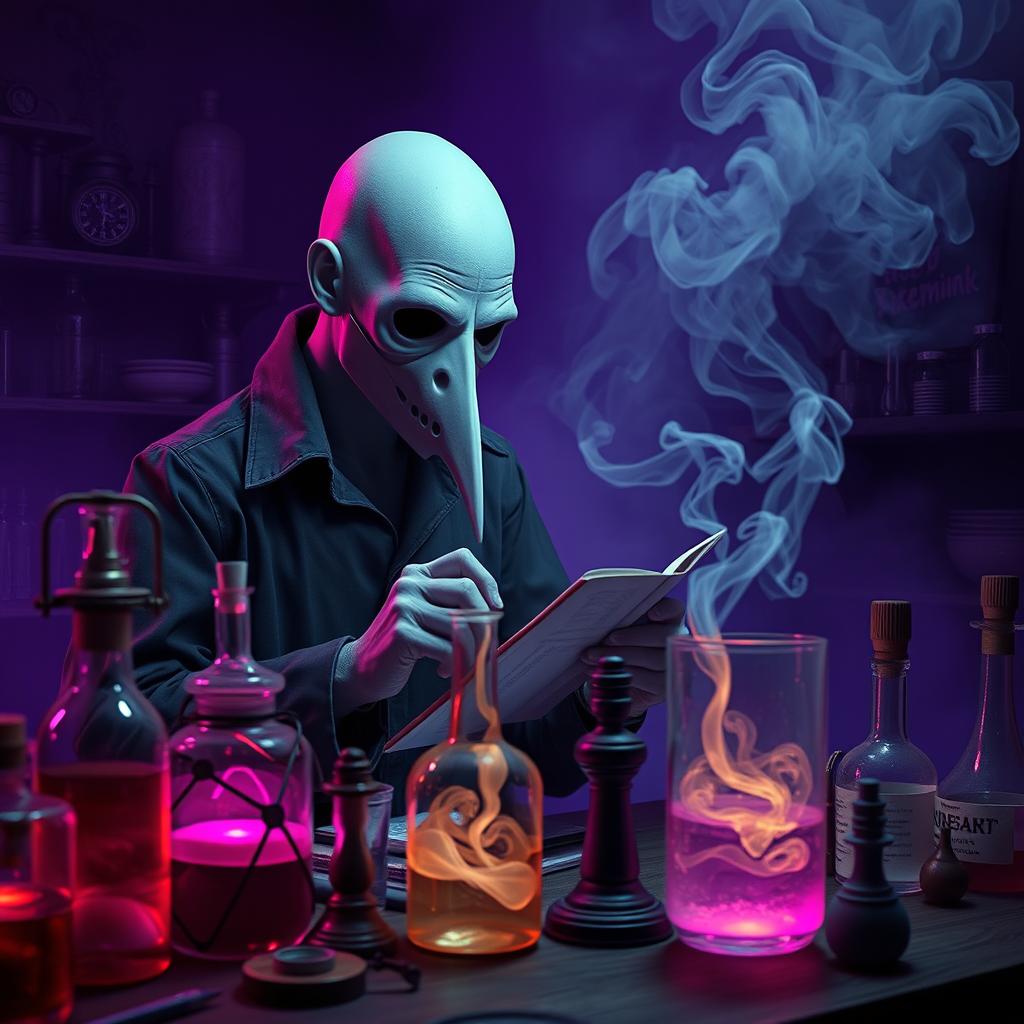 In a darkened phantasmal laboratory filled with an eerie deep purple haze, a bald pale blue humanoid man is engrossed in his alchemical experiments