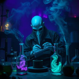 In a darkened phantasmal laboratory filled with an eerie deep purple haze, a bald pale blue humanoid man is engrossed in his alchemical experiments