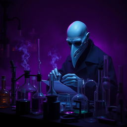 In a darkened phantasmal laboratory filled with an eerie deep purple haze, a bald pale blue humanoid man is engrossed in his alchemical experiments