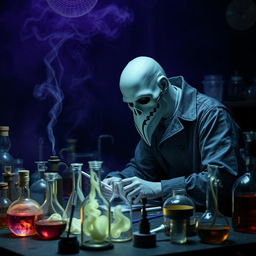 In a darkened phantasmal laboratory filled with an eerie deep purple haze, a bald pale blue humanoid man is engrossed in his alchemical experiments