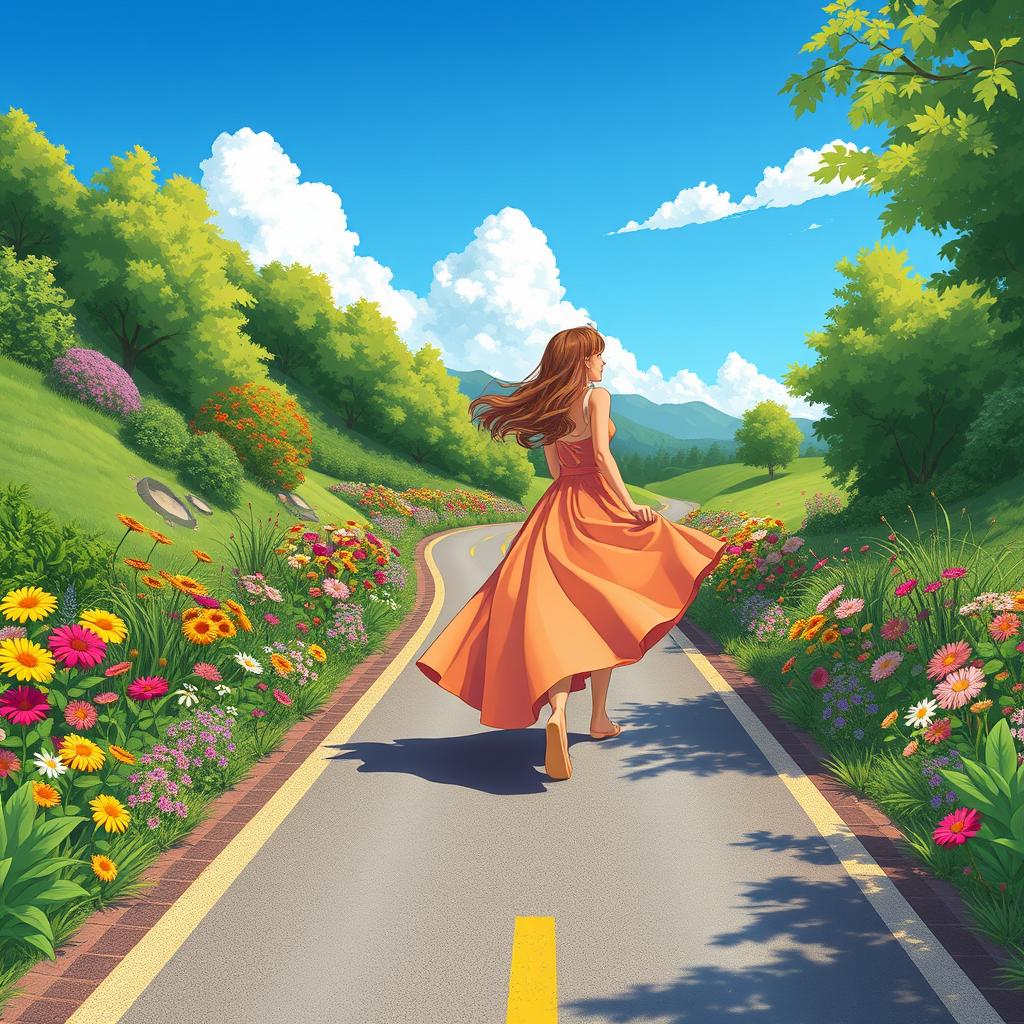 An illustration of a scenic road with a woman in a dress walking gracefully along it