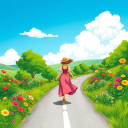 An illustration of a scenic road with a woman in a dress walking gracefully along it