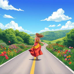 An illustration of a scenic road with a woman in a dress walking gracefully along it