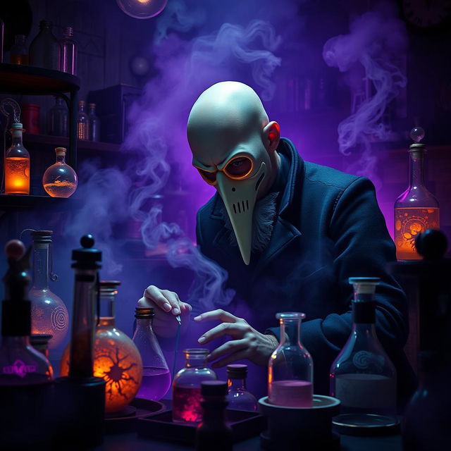 In a phantasmal, mystical laboratory shrouded in a deep purple haze, a bald man is intensely focused on his alchemical endeavors