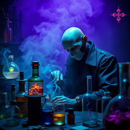 In a phantasmal, mystical laboratory shrouded in a deep purple haze, a bald man is intensely focused on his alchemical endeavors