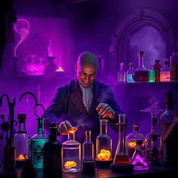 In a phantasmal, mystical laboratory shrouded in a deep purple haze, a bald man is intensely focused on his alchemical endeavors