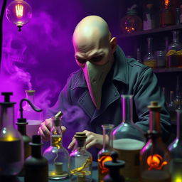 In a phantasmal, mystical laboratory shrouded in a deep purple haze, a bald man is intensely focused on his alchemical endeavors