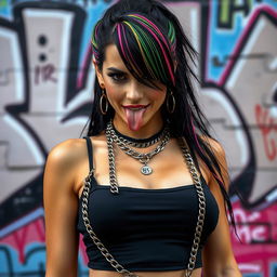 A gorgeous female with black hair featuring colorful stripes, wearing a cut tank top that reveals punk chains and highlights her large chest and cleavage