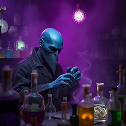 In a phantasmal, mystical laboratory enveloped in a deep purple haze, a bald blue humanoid man is deeply focused on his alchemical pursuits