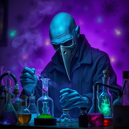 In a phantasmal, mystical laboratory enveloped in a deep purple haze, a bald blue humanoid man is deeply focused on his alchemical pursuits