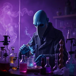 In a phantasmal, mystical laboratory enveloped in a deep purple haze, a bald blue humanoid man is deeply focused on his alchemical pursuits