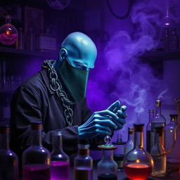 In a phantasmal, mystical laboratory enveloped in a deep purple haze, a bald blue humanoid man is deeply focused on his alchemical pursuits