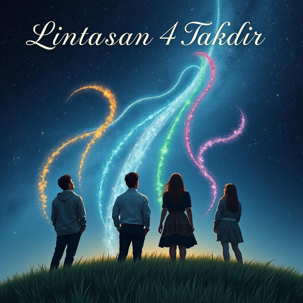 Cover art for a novel featuring four people, two men and two women, gazing upwards toward the sky where four ethereal paths of destiny are visible