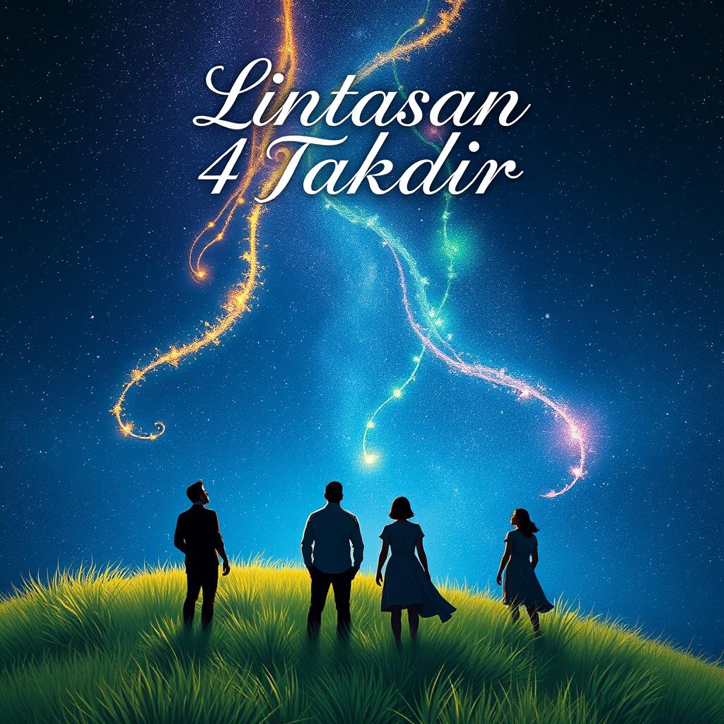 Cover art for a novel featuring four people, two men and two women, gazing upwards toward the sky where four ethereal paths of destiny are visible