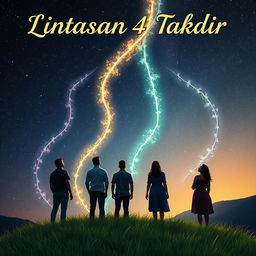 Cover art for a novel featuring four people, two men and two women, gazing upwards toward the sky where four ethereal paths of destiny are visible