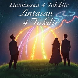 Cover art for a novel featuring four people, two men and two women, gazing upwards toward the sky where four ethereal paths of destiny are visible