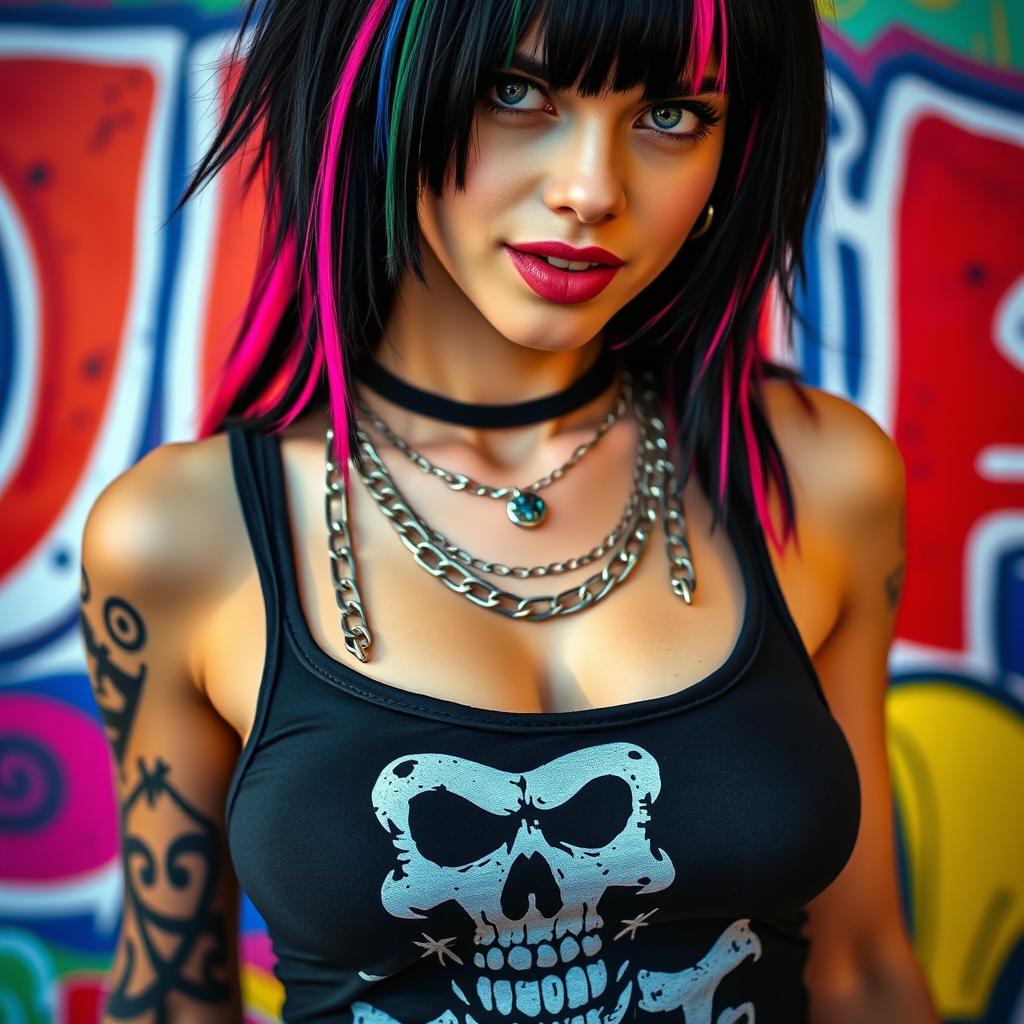 A stunning close-up torso shot of a gorgeous female with black hair featuring color stripes