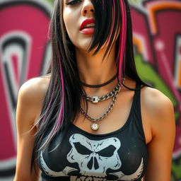 A stunning close-up torso shot of a gorgeous female with black hair featuring color stripes