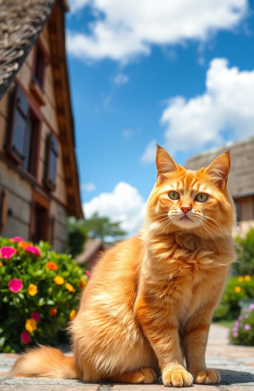 A fluffy orange cat sitting gracefully in the foreground, with a quaint, picturesque house in the background