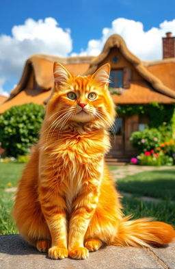 A fluffy orange cat sitting gracefully in the foreground, with a quaint, picturesque house in the background