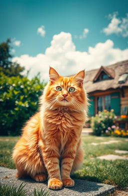 A fluffy orange cat sitting gracefully in the foreground, with a quaint, picturesque house in the background