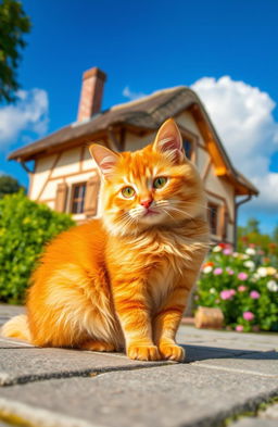 A fluffy orange cat sitting gracefully in the foreground, with a quaint, picturesque house in the background