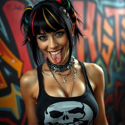 Close-up of a gorgeous female with black hair adorned with colorful stripes, wearing a Misfits skull tank top