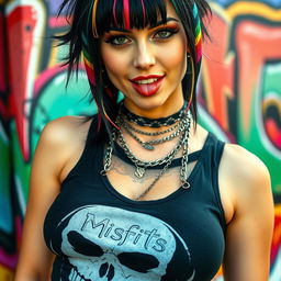 Close-up of a gorgeous female with black hair adorned with colorful stripes, wearing a Misfits skull tank top