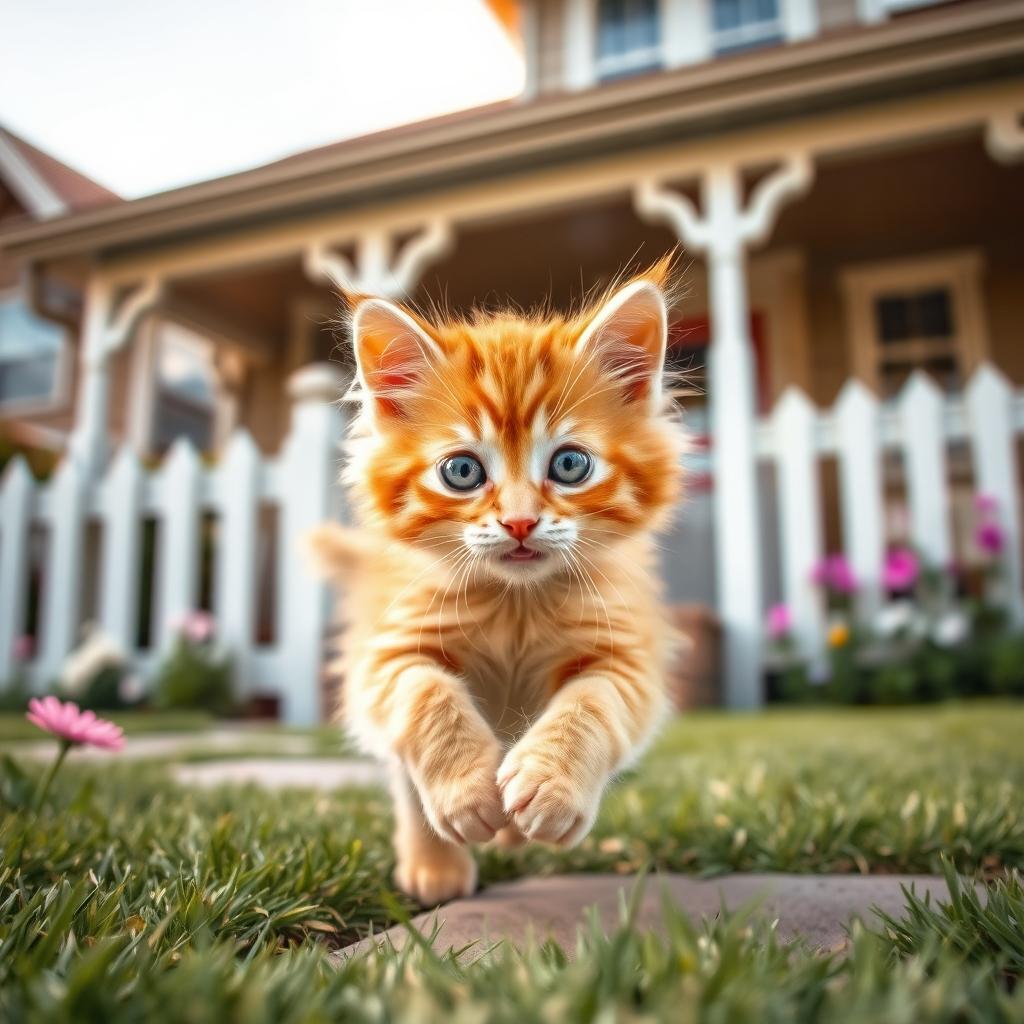 A playful and adorable orange kitten frolicking in the foreground, with a cozy, inviting house in the background