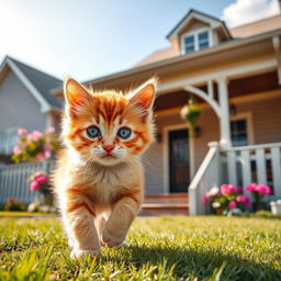 A playful and adorable orange kitten frolicking in the foreground, with a cozy, inviting house in the background