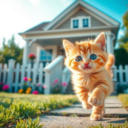 A playful and adorable orange kitten frolicking in the foreground, with a cozy, inviting house in the background