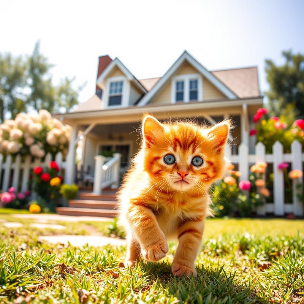 A playful and adorable orange kitten frolicking in the foreground, with a cozy, inviting house in the background