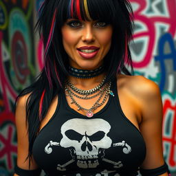 A close-up torso shot of a gorgeous woman with black hair featuring colorful stripes, wearing a Misfits skull tank top