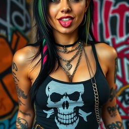 A close-up torso shot of a gorgeous woman with black hair featuring colorful stripes, wearing a Misfits skull tank top