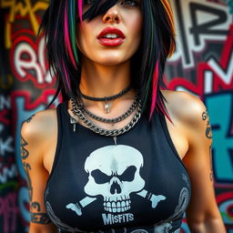 A close-up torso shot of a gorgeous woman with black hair featuring colorful stripes, wearing a Misfits skull tank top