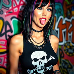 A close-up torso shot of a gorgeous woman with black hair featuring colorful stripes, wearing a Misfits skull tank top