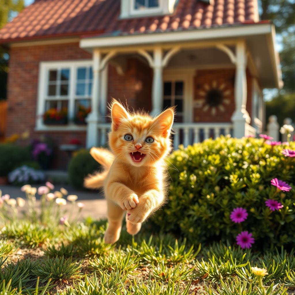 A joyful and energetic orange kitten playing in the foreground, with a charming and cozy house in the background